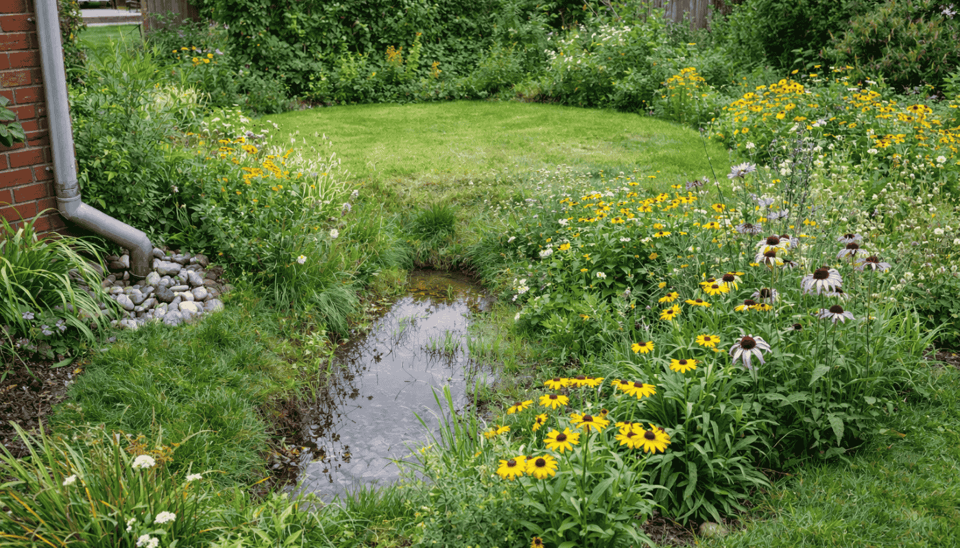 natuurlijke wadi in tuin voor regenwater infiltratie